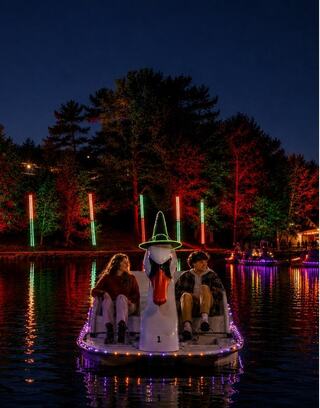 A couple sits on a swan boat, against a backdrop of colorful lights reflecting on Schenk Lake.