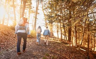 A group of four people walks on a sunlit trail at Oglebay Park, enjoying nature and each other's company, surrounded by greenery and warmth.