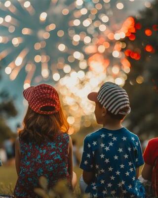 Two children sit closely together, watching a colorful display of fireworks against a softly blurred background, their hats adding a festive touch.