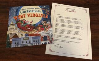A festive book titled "Twas The Night Before Christmas in West Virginia" is paired with a personalized letter from Santa Claus.