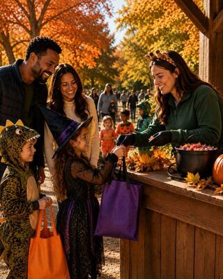 A family enjoys a festive autumn scene, with children in costumes receiving treats from a smiling attendant at a colorful outdoor event.