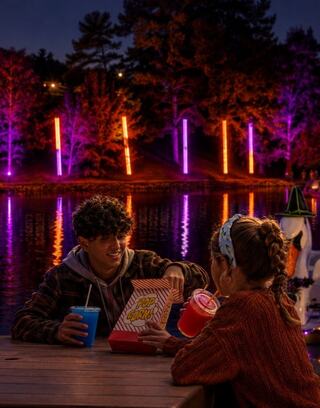 Children enjoy snacks and drinks at Schenk Lake, surrounded by vibrant lights reflecting off the water at night.