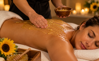 A woman enjoys a relaxing massage with a soothing honey treatment, surrounded by sunflowers and a calming ambiance.