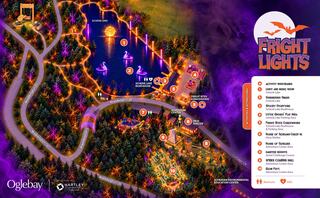 Fright Lights map of a Halloween event featuring attractions, light displays, and themed areas.