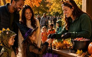 A joyful family enjoys a Boo at the Zoo, as a child in a witch costume receives treats from a smiling woman in a green sweater.