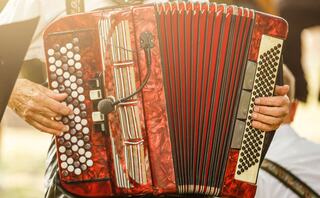 A close-up of hands playing a vibrant red and black accordion, showcasing its buttons and bellows in a lively setting.