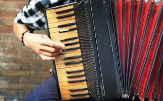 A hand plays an accordion with a vintage design, showcasing keys and bellows against a textured brick background.