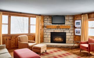 A cozy living room with wooden walls, a stone fireplace, comfortable seating, and large windows showing a snowy landscape outside.