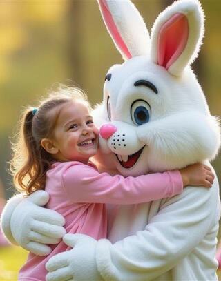 A young girl joyfully hugs a large, friendly bunny mascot in a sunny outdoor setting, radiating happiness and warmth.