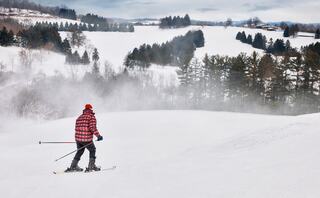 A skier in a red plaid jacket glides through a snowy landscape, surrounded by misty hills and pine trees under a cloudy sky.