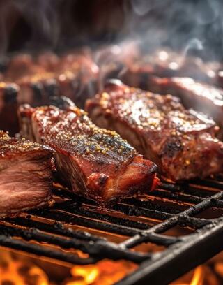 Savory ribs sizzle on a grill, surrounded by wisps of smoke and orange flames, creating a mouthwatering scene of barbecue delight.