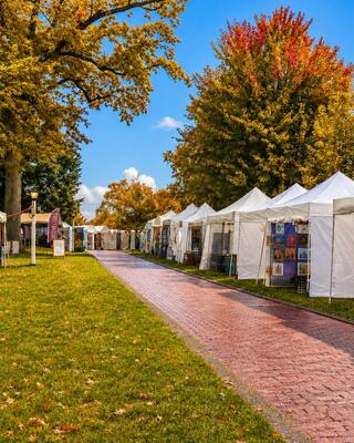 A tree-lined pathway features white tents showcasing colorful art, set against a backdrop of vibrant autumn foliage under a blue sky.