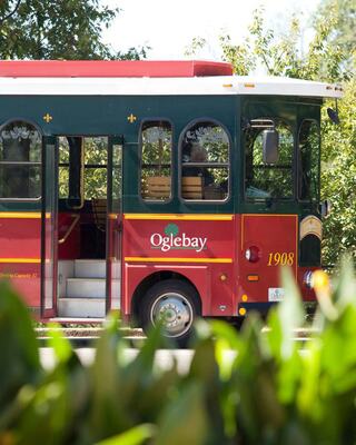 A green and red trolley bus marked "Oglebay" is parked among lush greenery, showcasing a charming, vintage design.