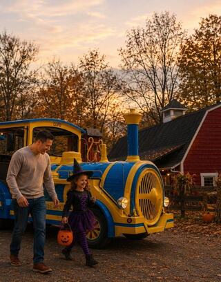A man and a girl in a witch costume walk by a colorful train, at Oglebay Good Zoo Boo at the Zoo event.