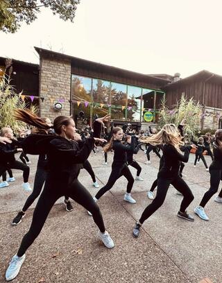A large group of dancers in black outfits performs in unison outside Oglebay Good Zoo, showcasing energetic movement amid festive decorations.