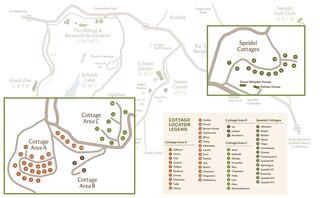 A detailed map featuring cottage areas and locations, with a legend indicating various cottage designations and nearby attractions.