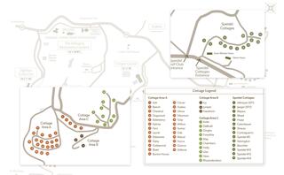 A map highlighting three cottage areas, with a legend indicating different cottage names and their locations within the grounds.