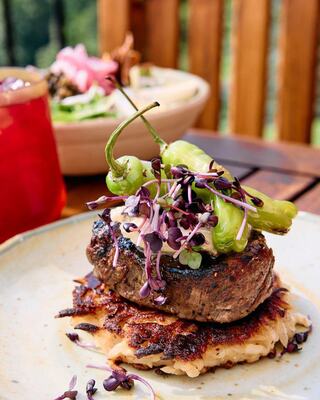 A perfectly grilled steak garnished with green peppers and microgreens sits atop a crispy potato cake, accented by a vibrant background.